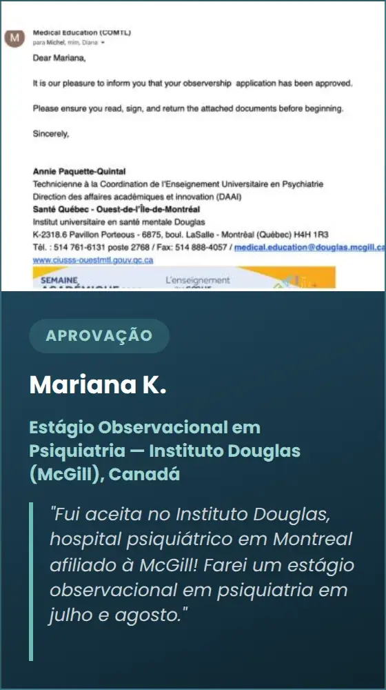 Mariana K. — Estágio Observacional em Psiquiatria — Instituto Douglas (McGill), Canadá