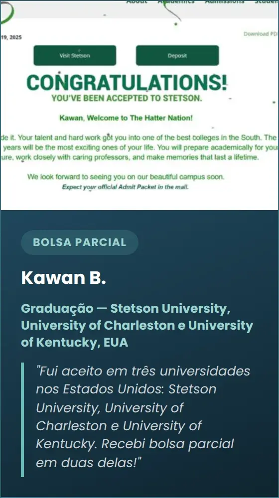 Kawan B. — Graduação — Stetson University, University of Charleston e University of Kentucky, EUA