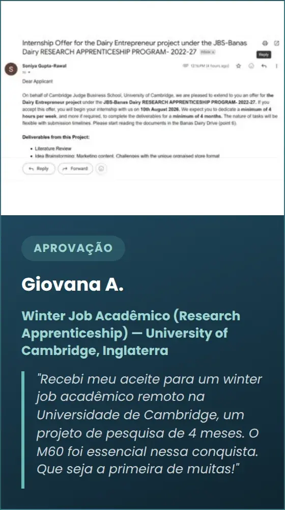 Giovana A. — Winter Job Acadêmico (Research Apprenticeship) — University of Cambridge, Inglaterra