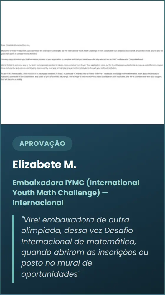 Elizabete M. — Embaixadora IYMC (International Youth Math Challenge) — Internacional