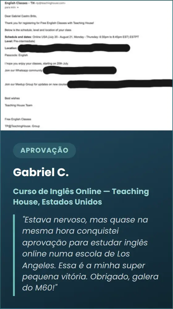 Gabriel C. — Curso de Inglês Online — Teaching House, Estados Unidos
