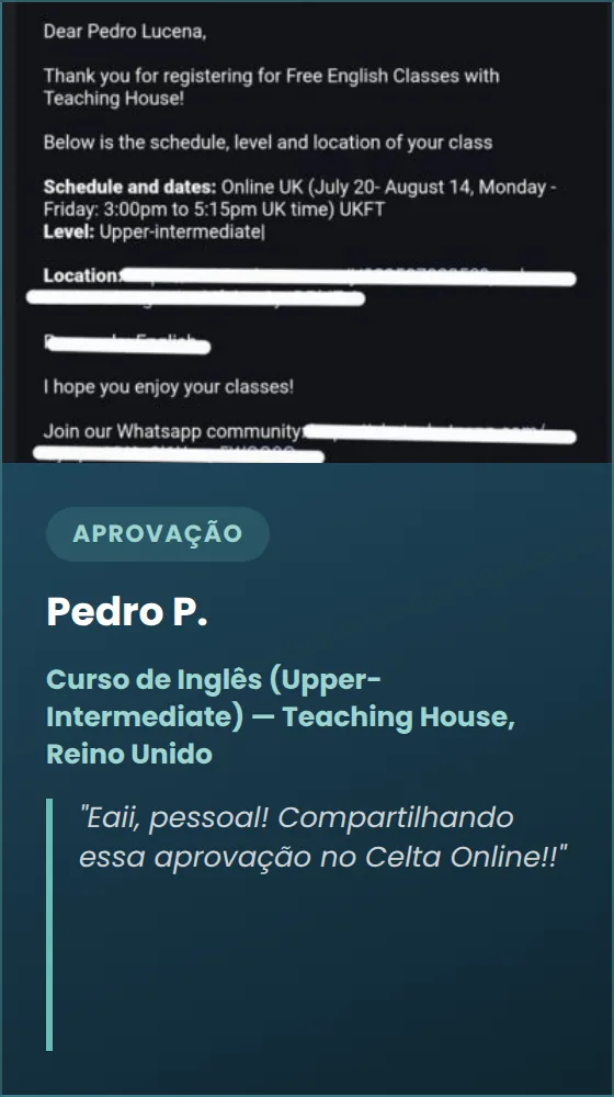 Pedro P. — Curso de Inglês (Upper-Intermediate) — Teaching House, Reino Unido
