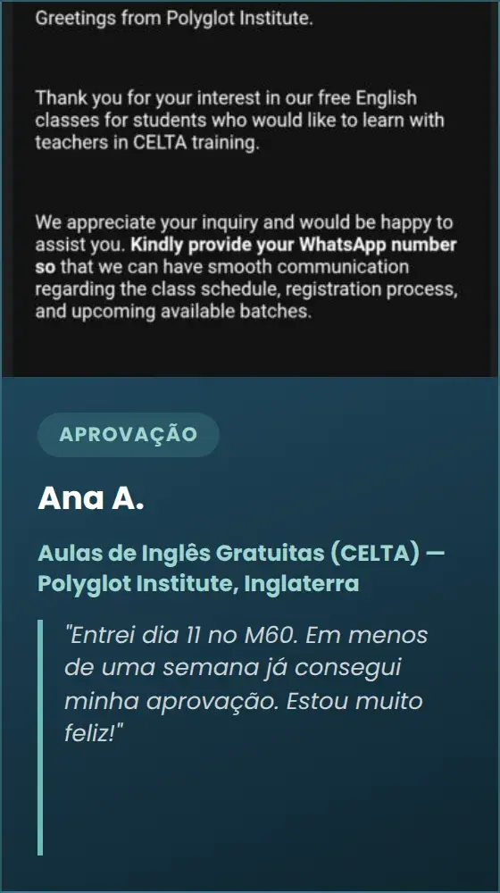 Ana A. — Aulas de Inglês Gratuitas (CELTA) — Polyglot Institute, Inglaterra